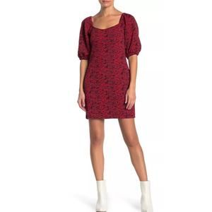 Free People Textured Sunset Puff Sleeve Mini Dress Womens Size Medium Red Boho